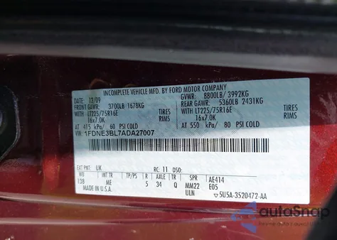 2010 Ford E-350 Super Duty Xl/Xlt from USA, damaged, VIN 1FDNE3BL7ADA27007